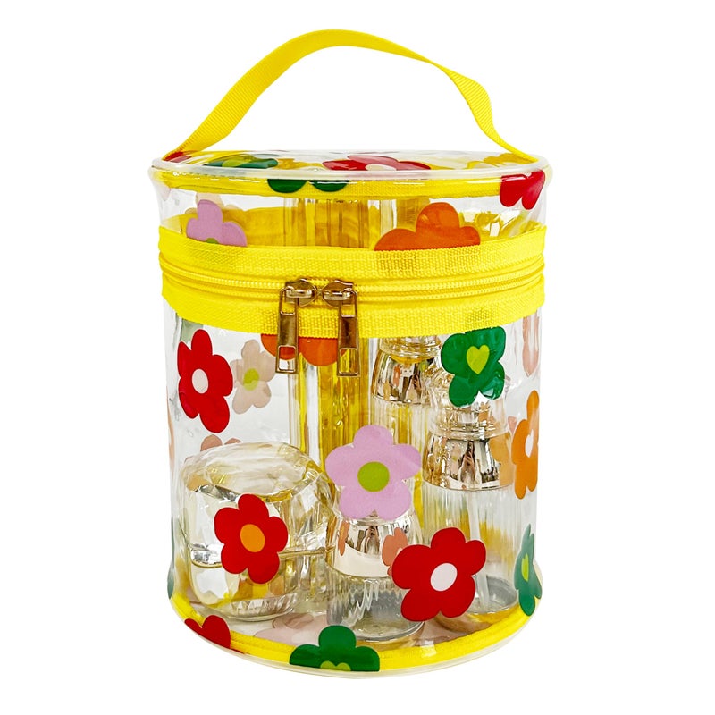 TotePrint Printed Flowers Clear Cylinder Travel Makeup BagPortable Waterproof Pouch with Handle Ideal for Women and Girl D20643